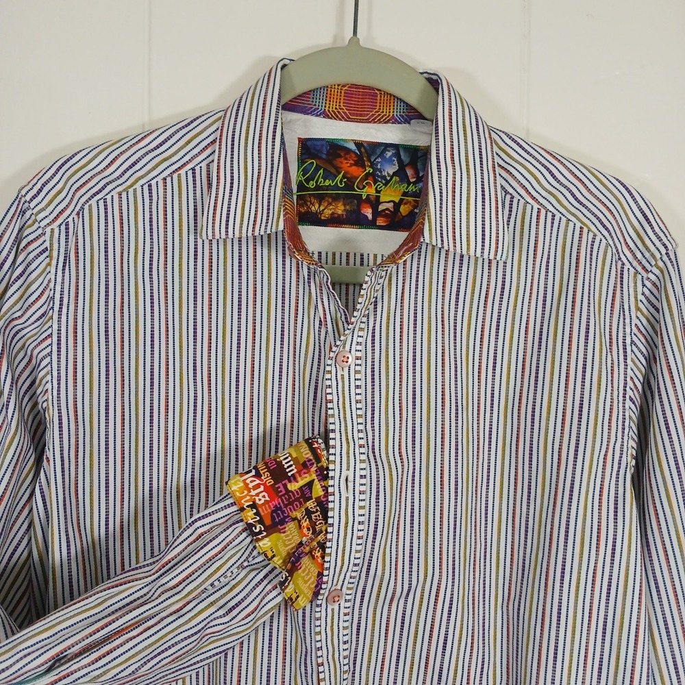 Robert Graham Button Down Shirt Mens Small White Multi-Color Striped Flip Cuffs